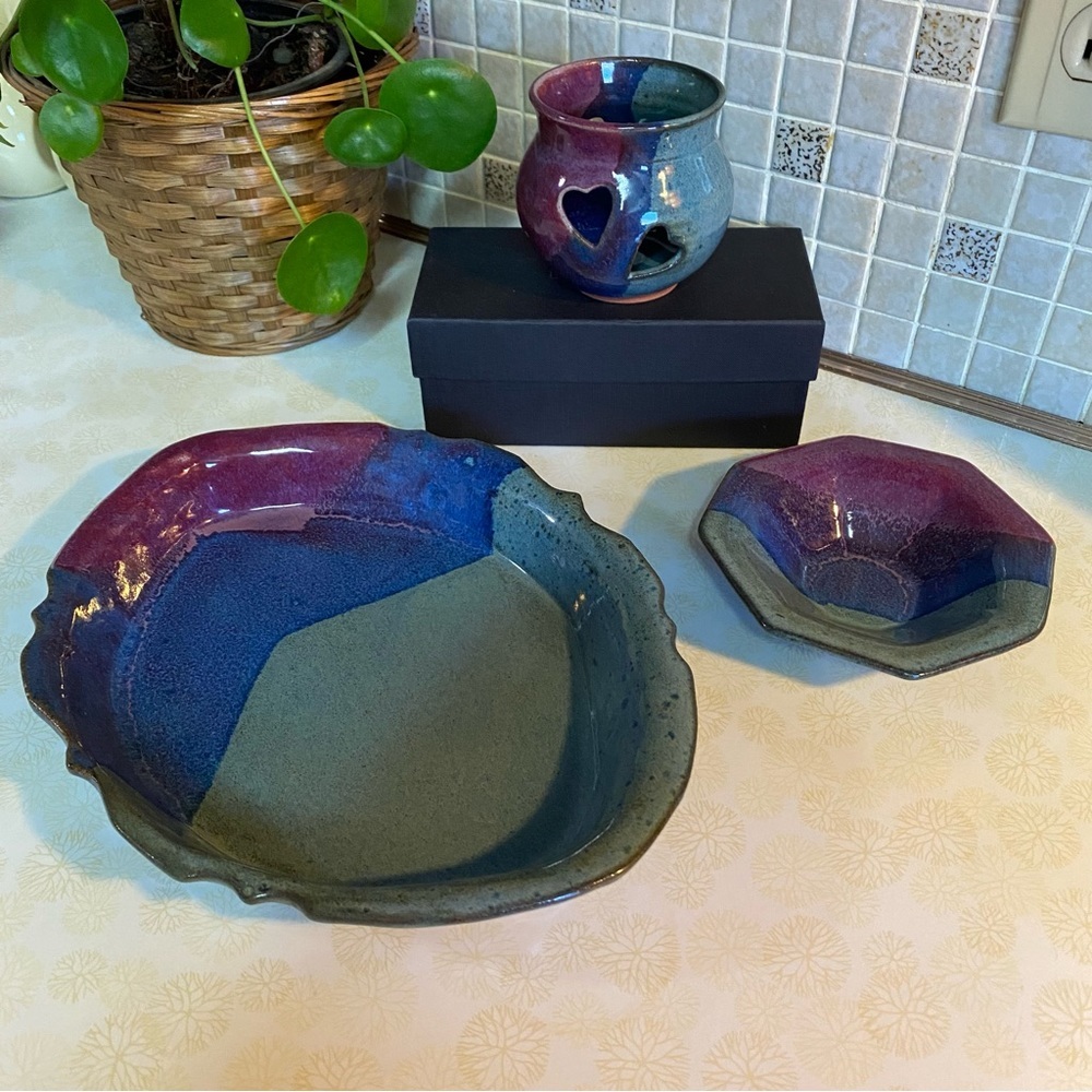 Vintage Pottery Set whimsical colours & heart candle holder jewelry dish catchal